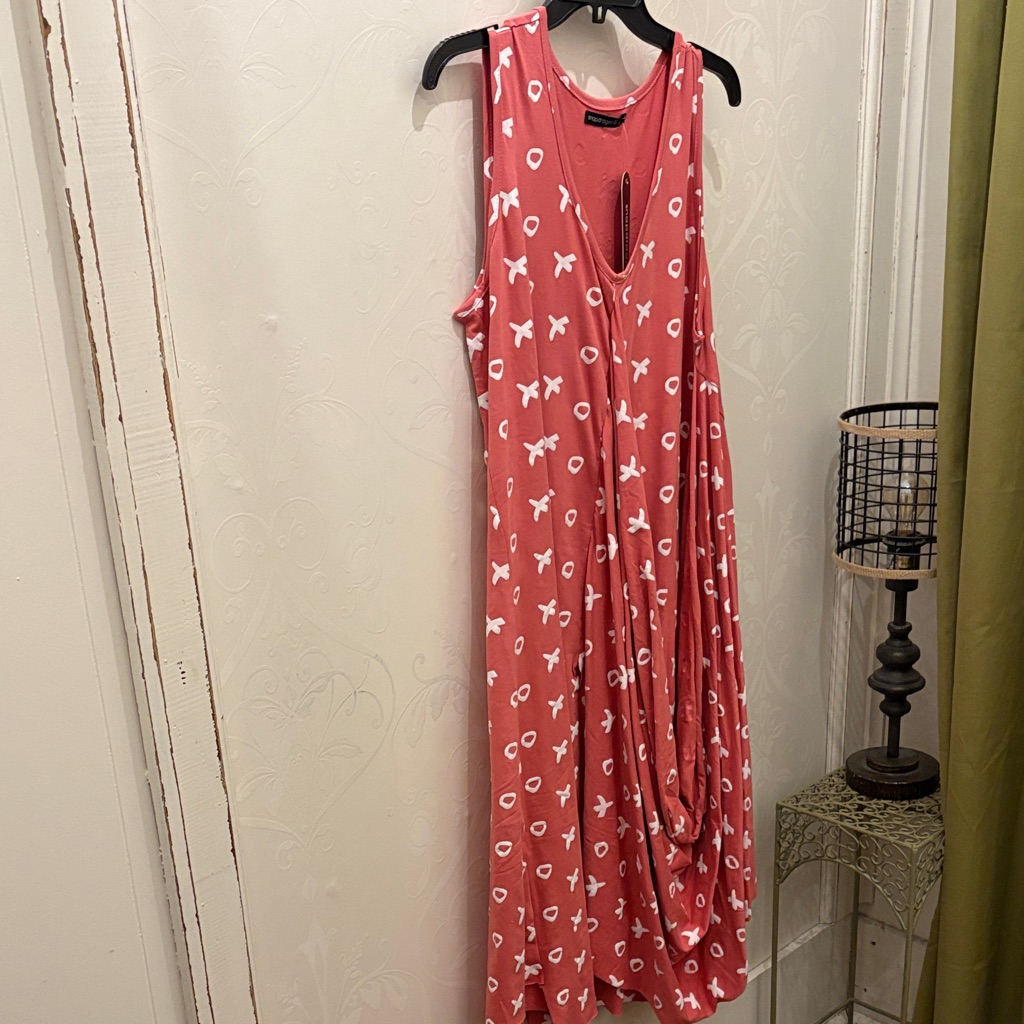 Draped Coral Xo Print Modal Sleeveless Dress W Pockets Washable Nwt. L